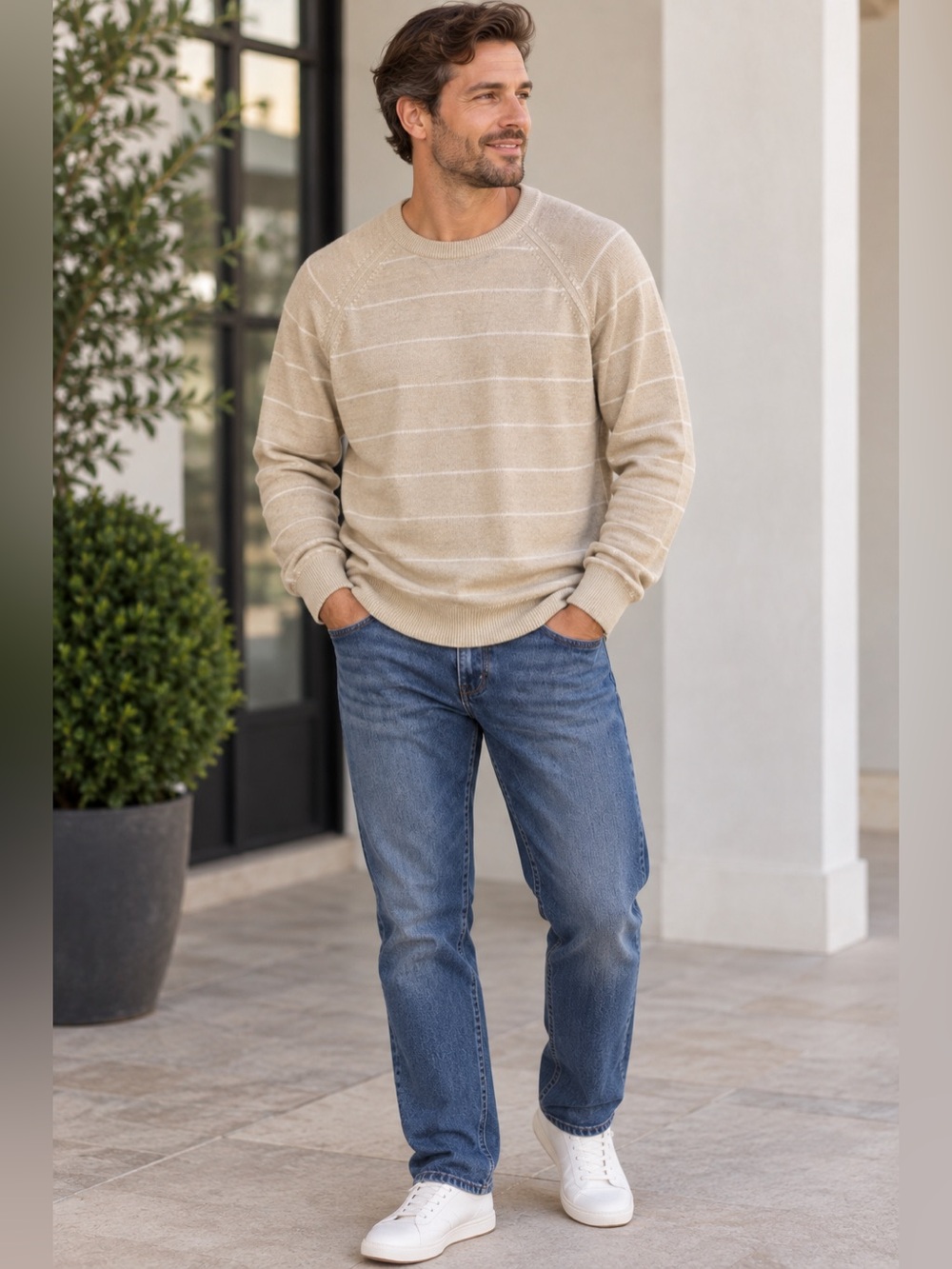 Banana Republic 100% Merino Wool Striped Sweater XL Beige Ivory Lightweight